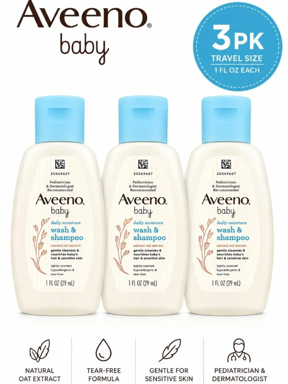 Aveeno Baby Daily Moisture Wash & Shampoo Travel Size 1oz 3PK Bundle